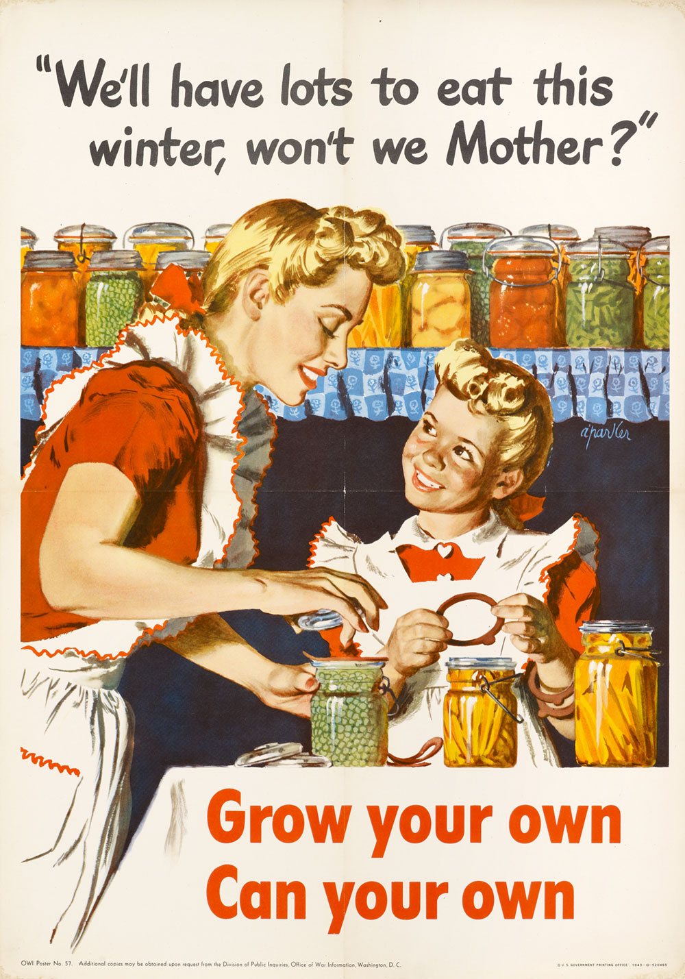 Poster depicting a mother and daughter standing at a kitchen table canning fruits and vegetables