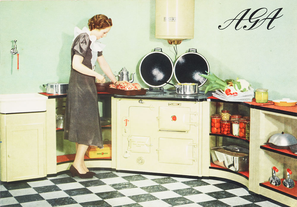 Advertisement showing a woman prepping a meal in a kitchen