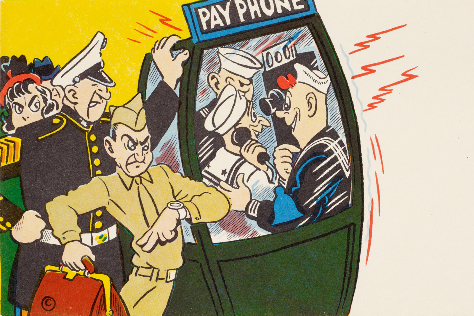 Envelope showing people fighting over a payphone