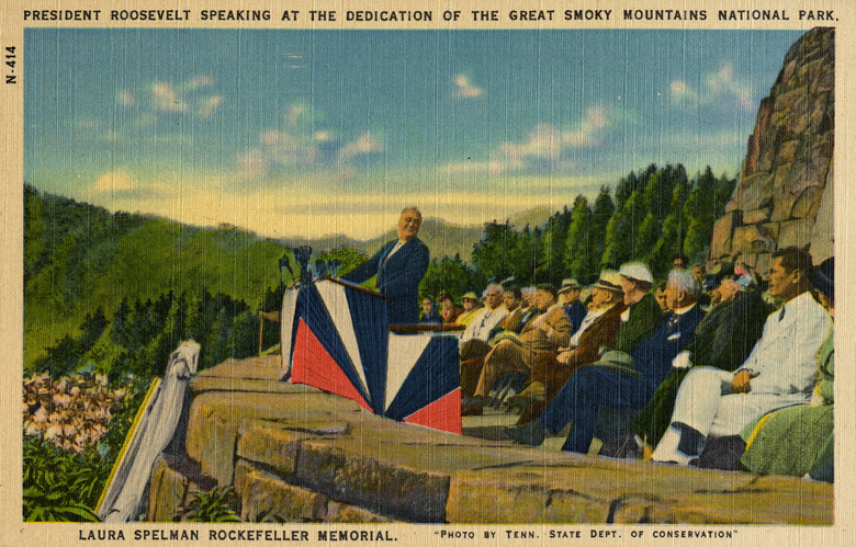 Postcard depicting President Roosevelt speaking at the dedication of the Great Smoky Mountains National Park
