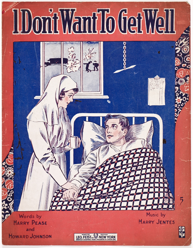 Sheet music cover with red, white, and blue illustration of a nurse holding the hand of a wounded American soldier convalescing in a hospital bed