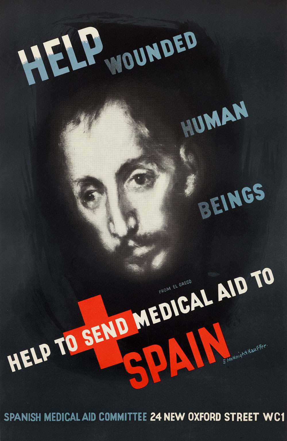 Poster depicting a glowing head which resembles El Greco's Saint Luke surrounded by white and blue text asking for medical aid