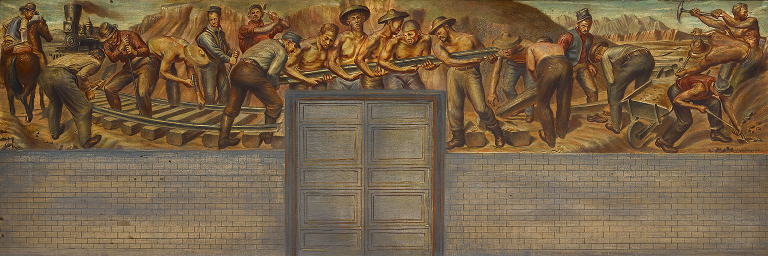 Mural study depicting workers building the Transcontinental Railroad