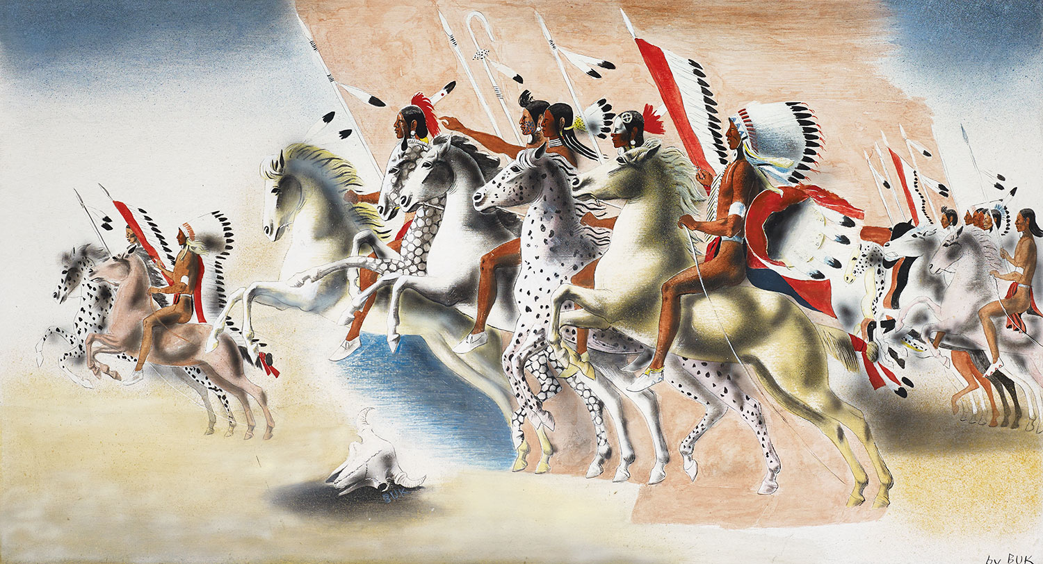 Mural study depicting American Indians on horseback