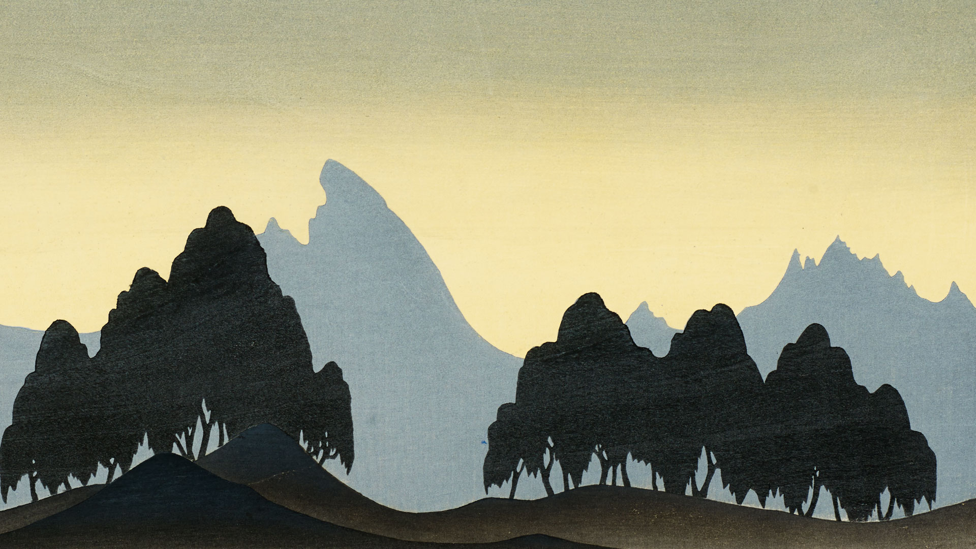 Woodcut print of a scenic landscape in Korea