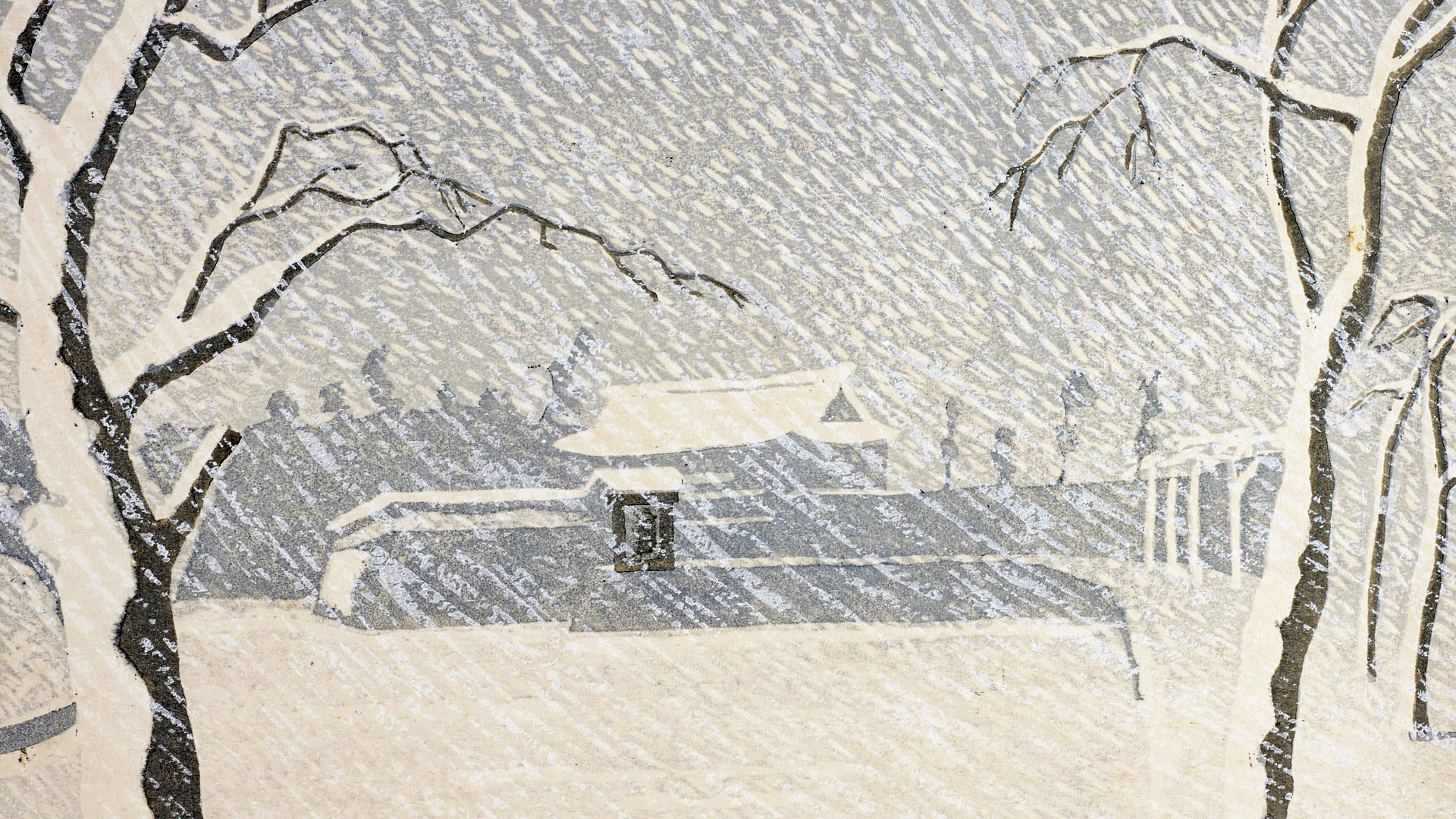 Woodcut print depicting snow at Sukurada Gate, Tokyo Imperial Palace
