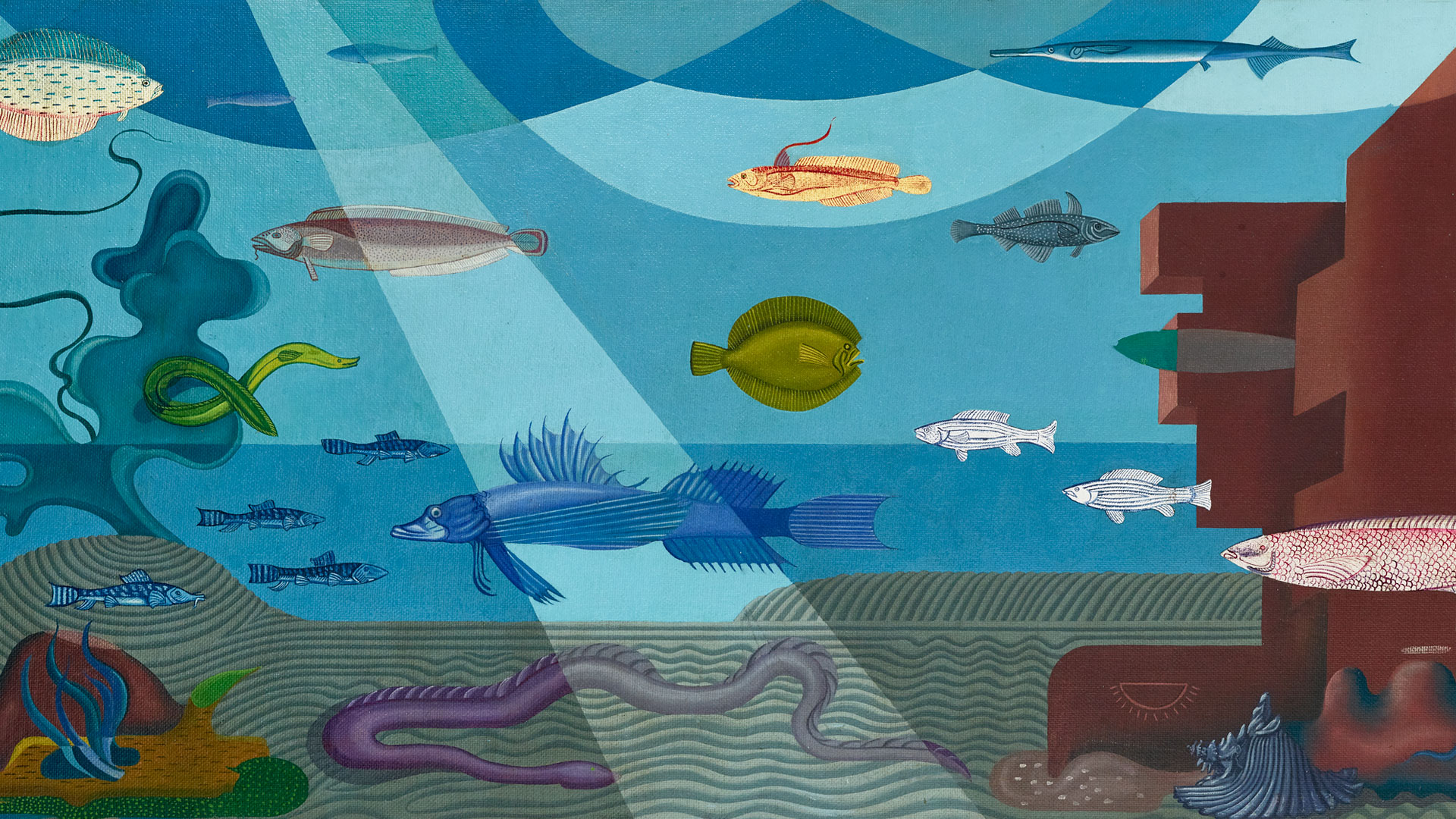 Mural study depicting an underwater environment complete with stylized ruins