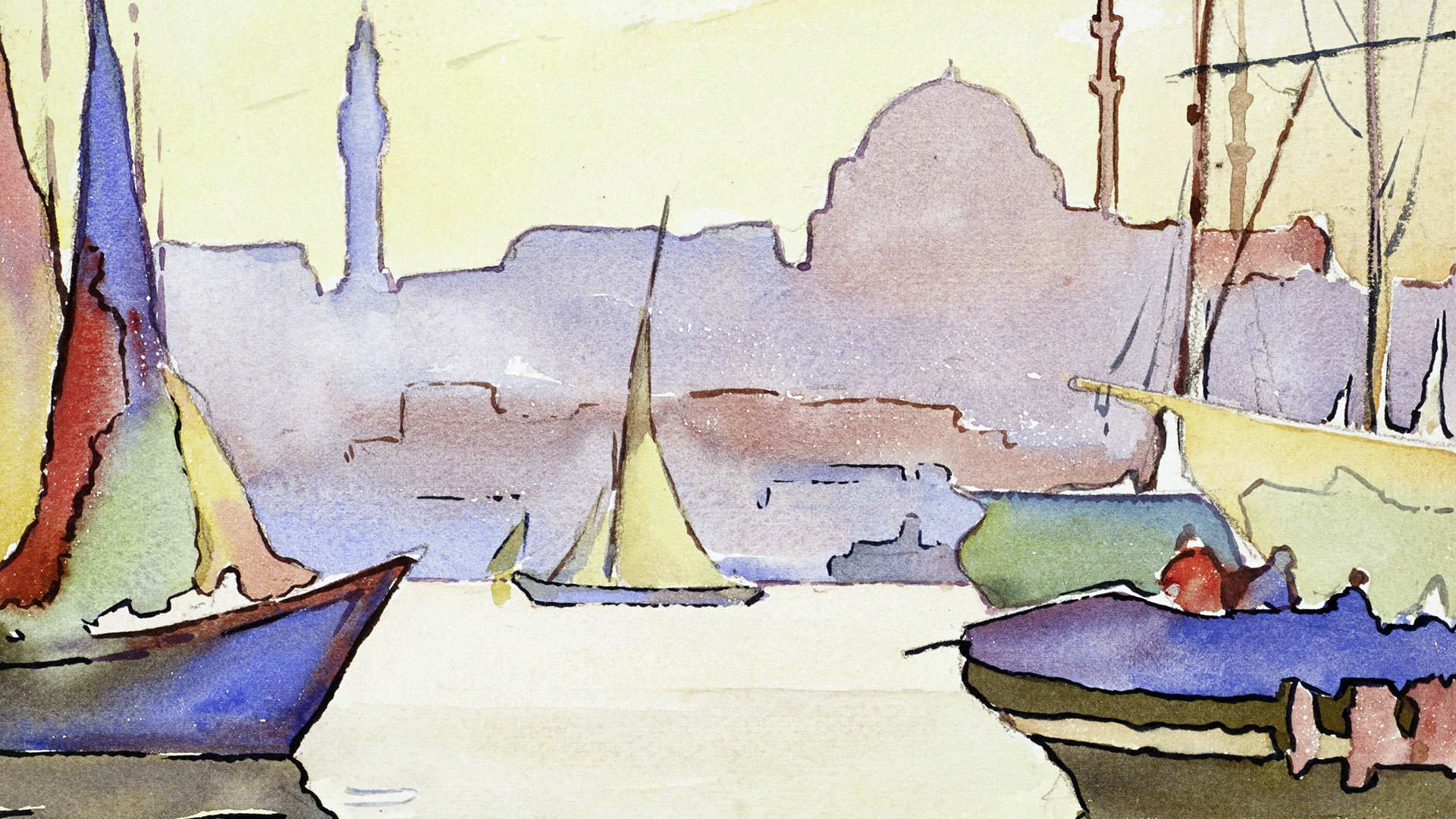 Watercolor painting of a sunset scene with sailboats