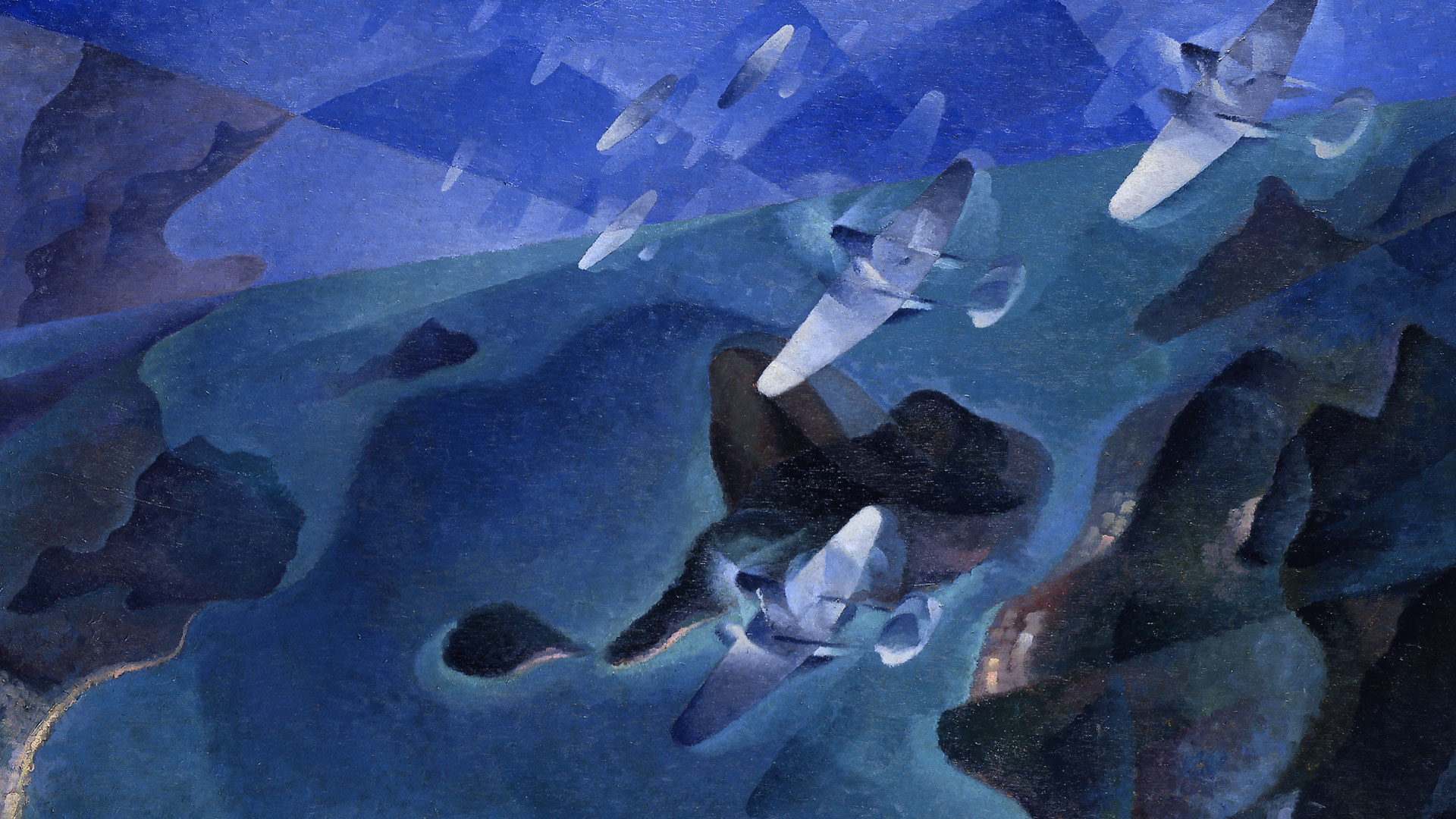 Futurist painting with soaring and circling airplanes