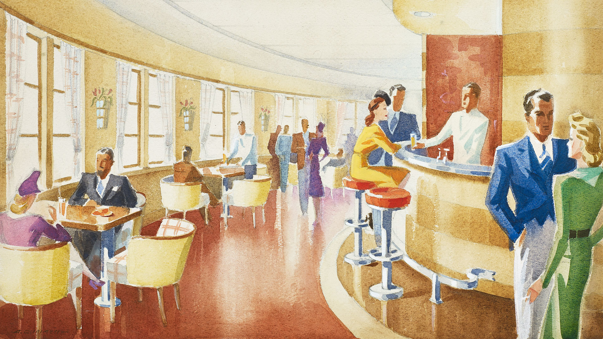 Design drawing of an ocean liner bar and lounge