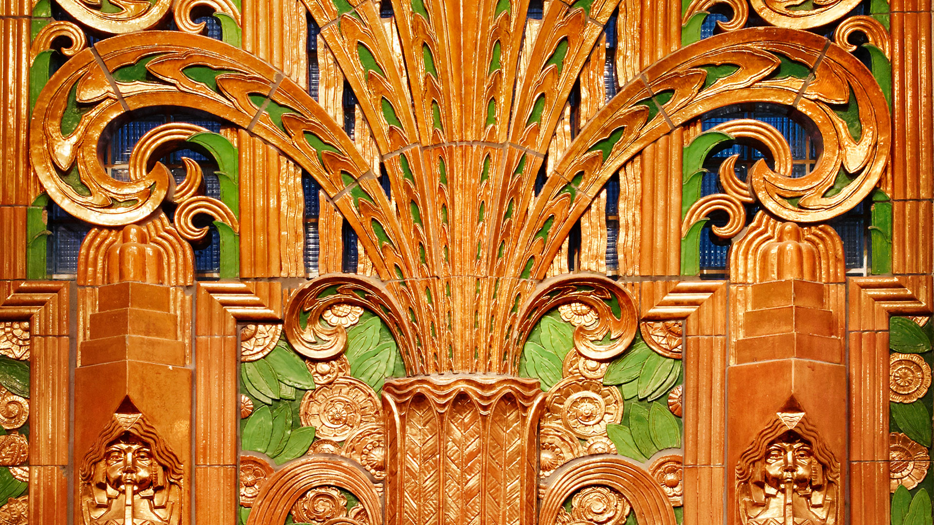 Art Deco terra cotta grille depicting a frozen fountain and palm tree