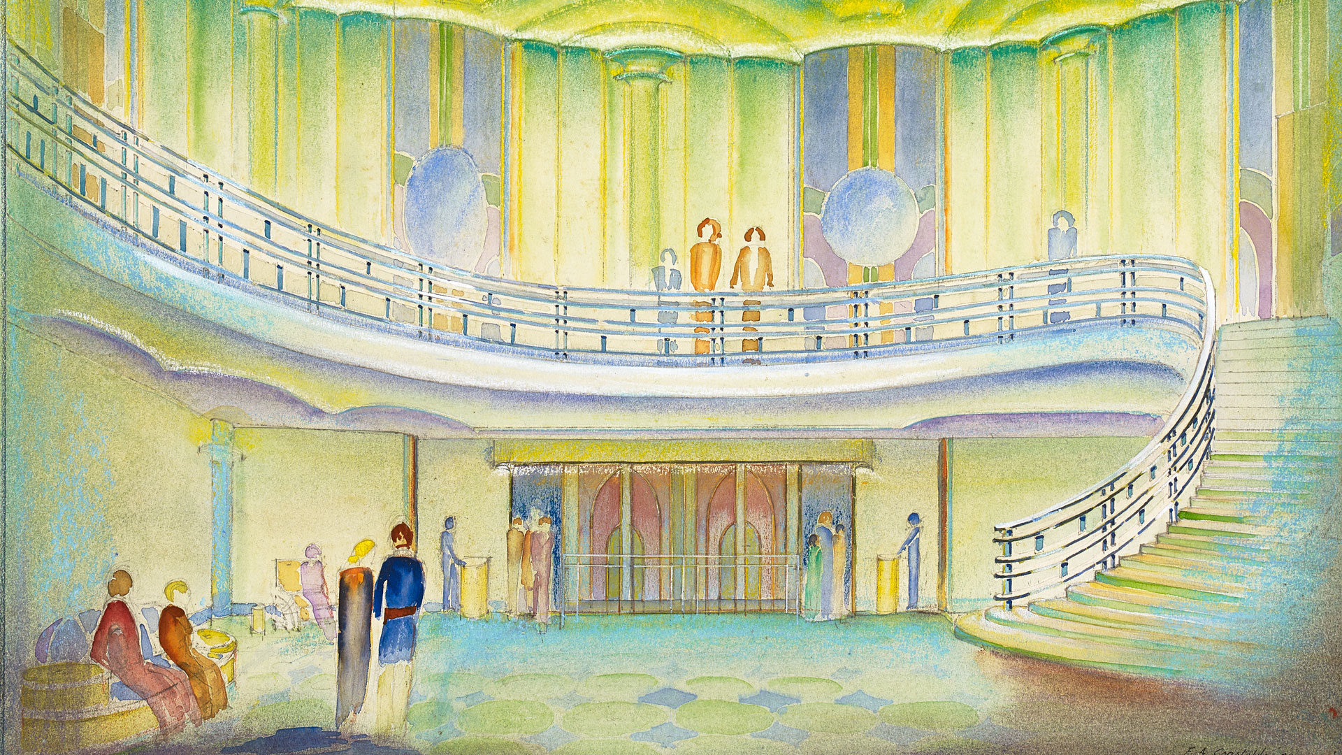 Watercolor study of a theatre lobby