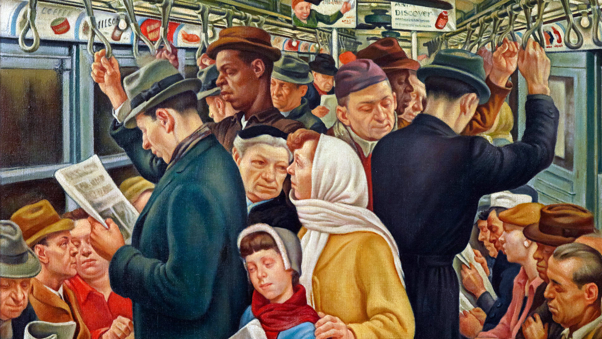 Painting of a crowded subway train